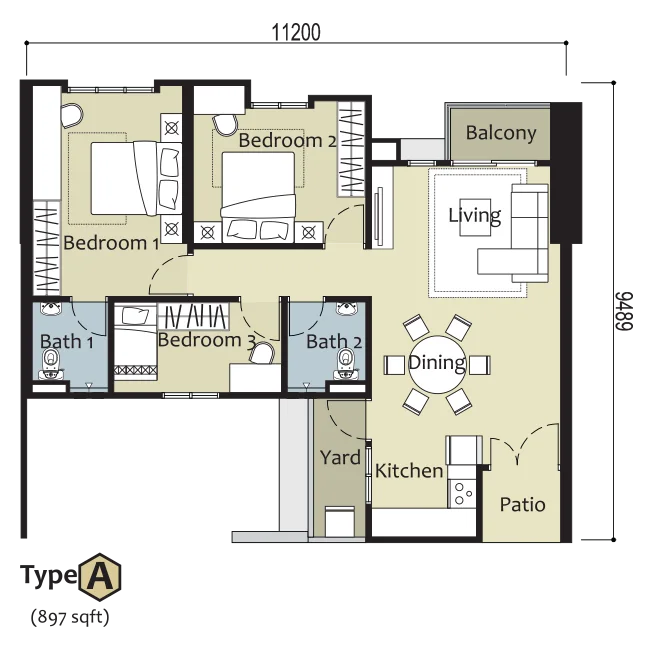 Floor plan for TYPE A — 897 sq.ft. layout at Montview Residences