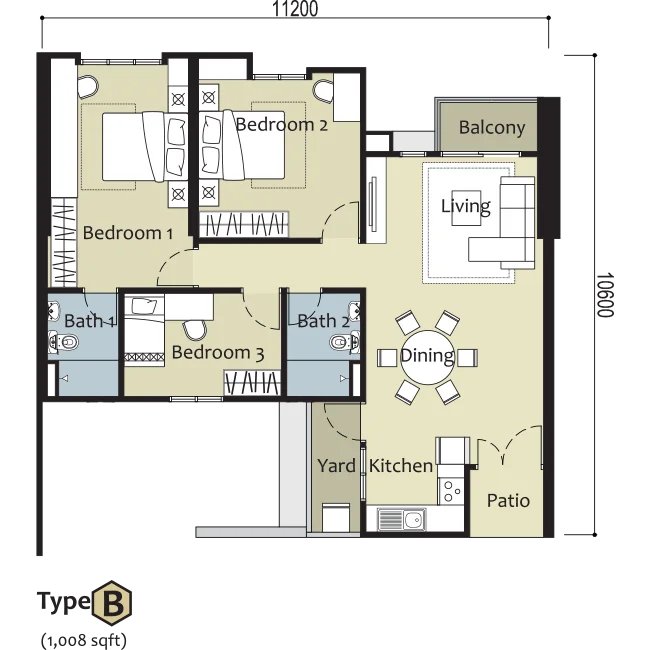 Floor plan for TYPE B — 1,008 sq.ft. layout at Montview Residences