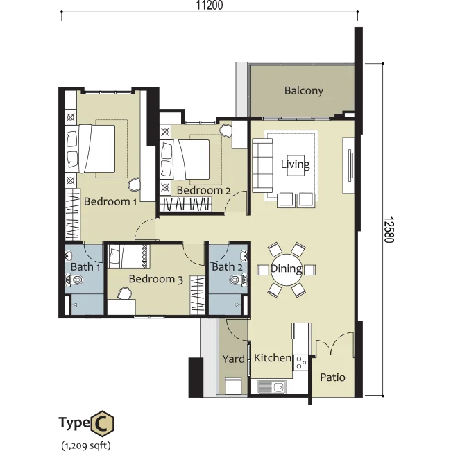 Floor plan for TYPE C — 1,209 sq.ft. layout at Montview Residences