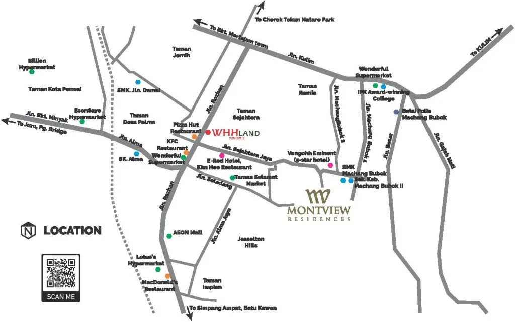 Montview Residences location map showing access to Alma, AEON Mall and SMK Machang Bubok