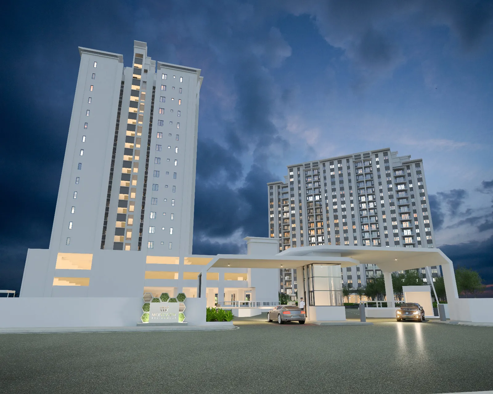 Montview Residences entry facade and porte-cochère at dusk — artist impression