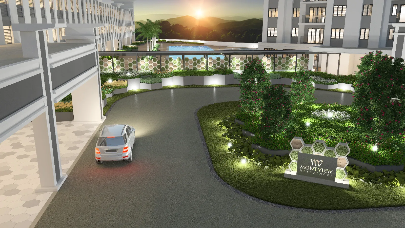 Montview Residences landscaped driveway and pool deck at sunset — artist impression of resident amenity zone