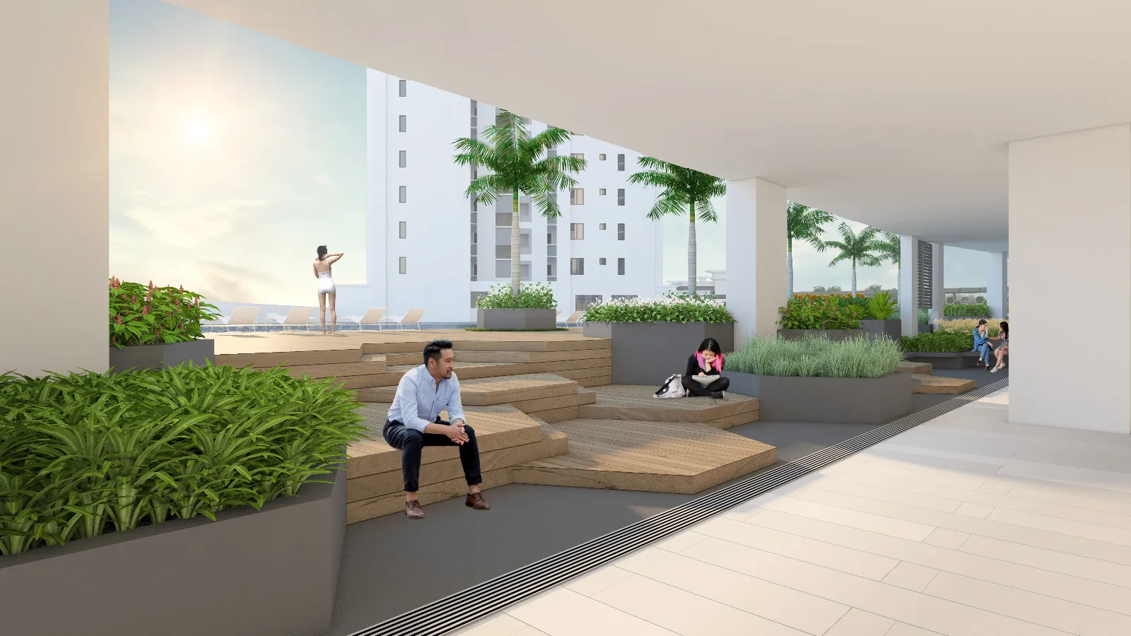 Montview Residences podium garden with terraced timber seating and palm landscape — artist impression